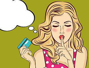 Image showing Beautiful woman  in pop art style with credit card showing hand 