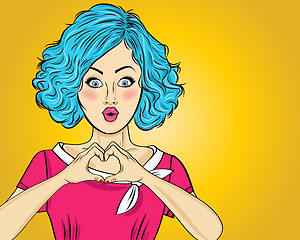 Image showing Pop art woman making heart sign with hands. Comic woman . Pin up