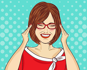 Image showing Amused pop art woman  with eyeglasses. Comic woman . Pin up girl