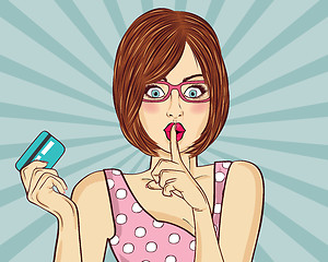 Image showing Beautiful woman  in pop art style with credit card showing hand 