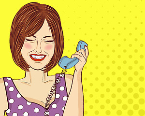 Image showing Amused pop art woman chatting on retro phone. Comic woman . Pin 