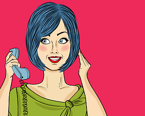 Image showing Delightted pop art woman chatting on retro phone. Comic woman . 