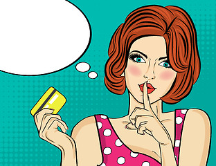 Image showing Beautiful woman  in pop art style with credit card showing hand 