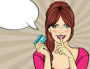 Image showing Beautiful woman  in pop art style with credit card showing hand 