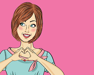 Image showing Pop art woman making heart sign with hands. Comic woman . Pin up