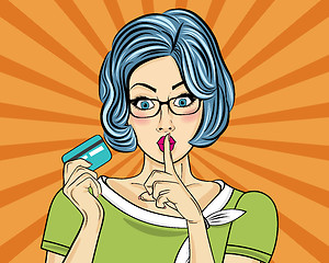 Image showing Beautiful woman  in pop art style with credit card showing hand 