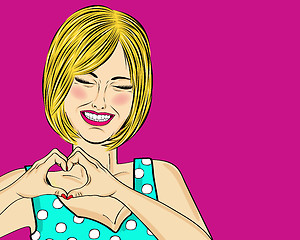 Image showing Blonde pop art woman making heart sign with hands. Comic woman .