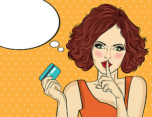 Image showing Beautiful woman  in pop art style with credit card showing hand 