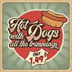 Image showing Retro advertising restaurant sign for hot dogs. Vintage poster.