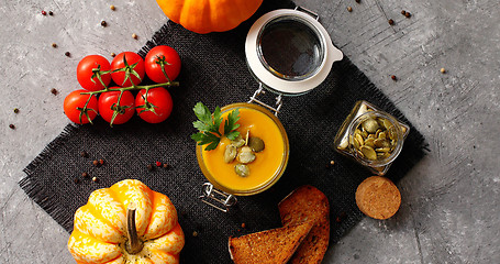 Image showing Pumpkin soup with bread and vegetables 