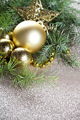 Image showing Christmas decorations and evergreen fir tree branch.