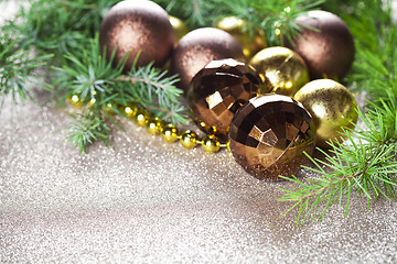 Image showing Christmas decorations and evergreen fir tree branch.