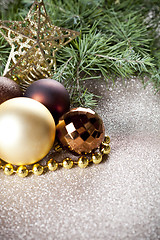 Image showing Christmas decorations and evergreen fir tree branch.