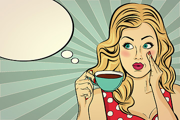 Image showing Sexy blonde pop art woman with coffee cup