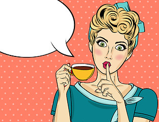 Image showing Sexy blonde pop art woman with coffee cup