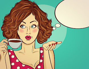 Image showing Sexy pop art woman with coffee cup