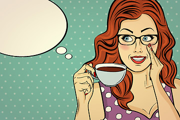 Image showing Sexy pop art woman with coffee cup