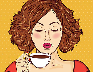 Image showing Sexy pop art woman with coffee cup