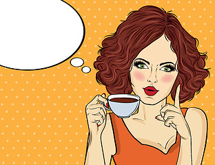 Image showing Sexy pop art woman with coffee cup