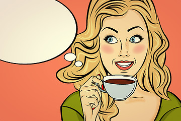 Image showing Sexy blonde pop art woman with coffee cup