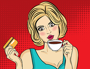 Image showing Sexy blonde pop art woman with coffee cup