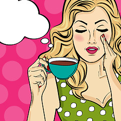 Image showing Sexy blonde pop art woman with coffee cup