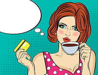 Image showing Sexy pop art woman with coffee cup