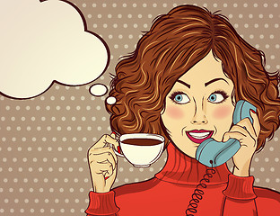 Image showing Sexy pop art woman with coffee cup