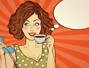 Image showing Sexy pop art woman with coffee cup