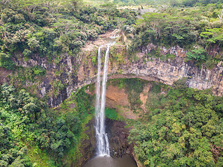 Image showing Aerial top view perspective of Chamarel Waterfall in the tropical island jungle of Mauritius.