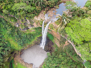 Image showing Aerial top view perspective of Chamarel Waterfall in the tropical island jungle of Mauritius.