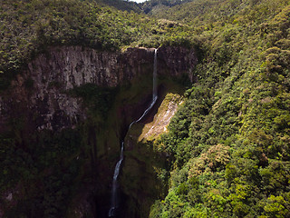 Image showing Aerial top view perspective of amazing 500 feet tall waterfall in the tropical island jungle of Mauritius.