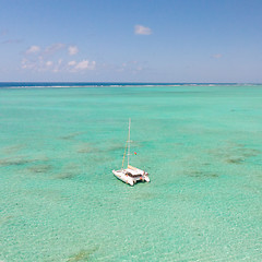 Image showing Aerial view of Catamaran boat sailing in turquoise lagoon of Ile aux Cerfs Island lagoon in Mauritius.