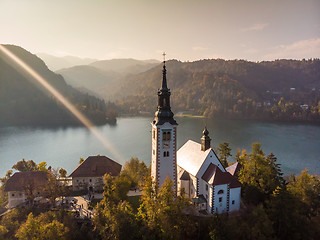 Image showing Aerial view of island of lake Bled, Slovenia.