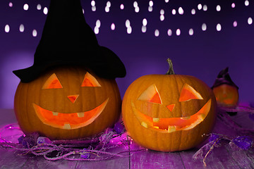 Image showing close up of halloween pumpkins on table