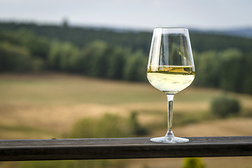 Image showing Glass of white wine on a wooden board