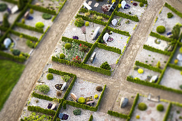 Image showing Cemetery with green hedges and gravestones decorated with flower