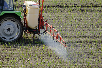 Image showing Tractor spraying pesticide