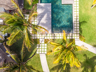 Image showing Aerial view of luxury hotel resort with swimming pool with stair and wooden deck surrounded by palm trees.