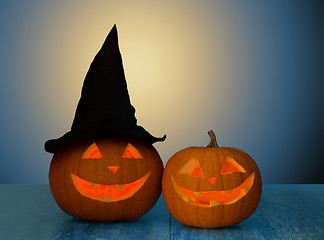 Image showing close up of halloween pumpkins on table