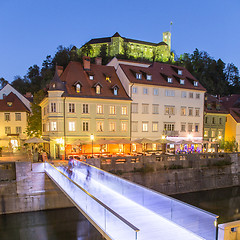 Image showing Evening panorama of riverfront of Ljubljana, Slovenia.