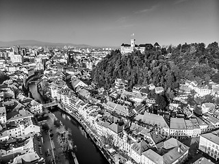 Image showing Cityscape of Ljubljana, capital of Slovenia in warm afternoon sun.