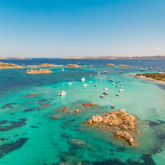 Image showing Drone aerial view of Razzoli, Santa Maria and Budelli islands in Maddalena Archipelago, Sardinia, Italy.