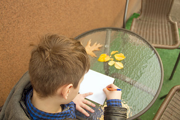 Image showing Boy is doing homework outdoors