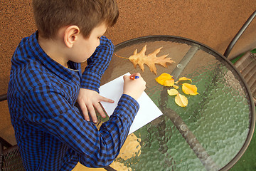 Image showing Boy is doing homework outdoors