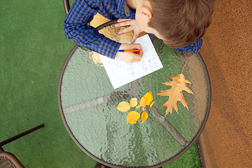 Image showing Boy is doing homework outdoors