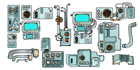 Image showing Cyberpunk robots mechanisms and machines. Details of the spacecr