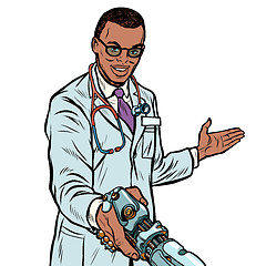 Image showing African doctor handshake robot, medicine and health care. Prosth