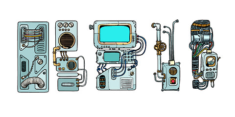 Image showing Cyberpunk robots mechanisms and machines. Details of the spacecr