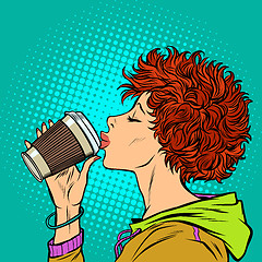 Image showing modern woman drinks a paper Cup of coffee. Girls 80s